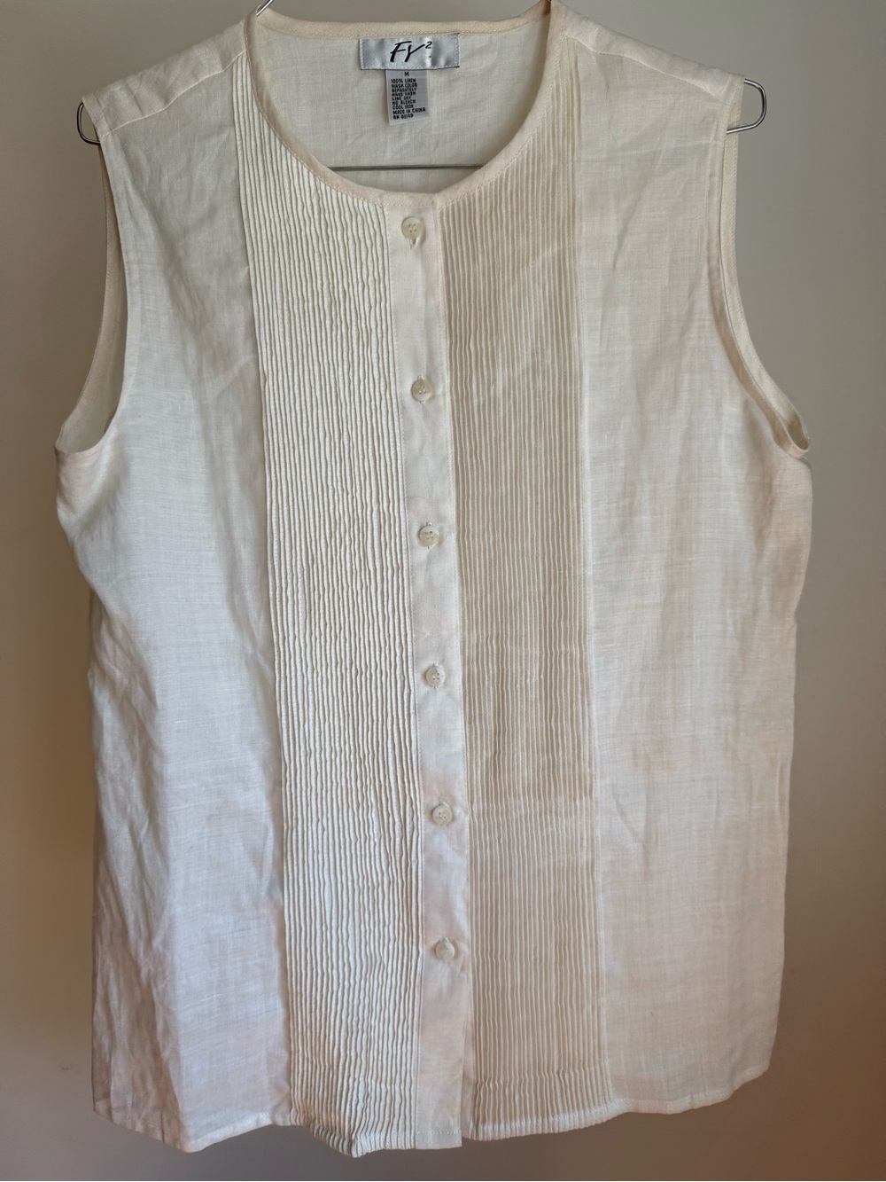 Off-white 100% Linen Pintuck Sleeveless Blouse Top Size M